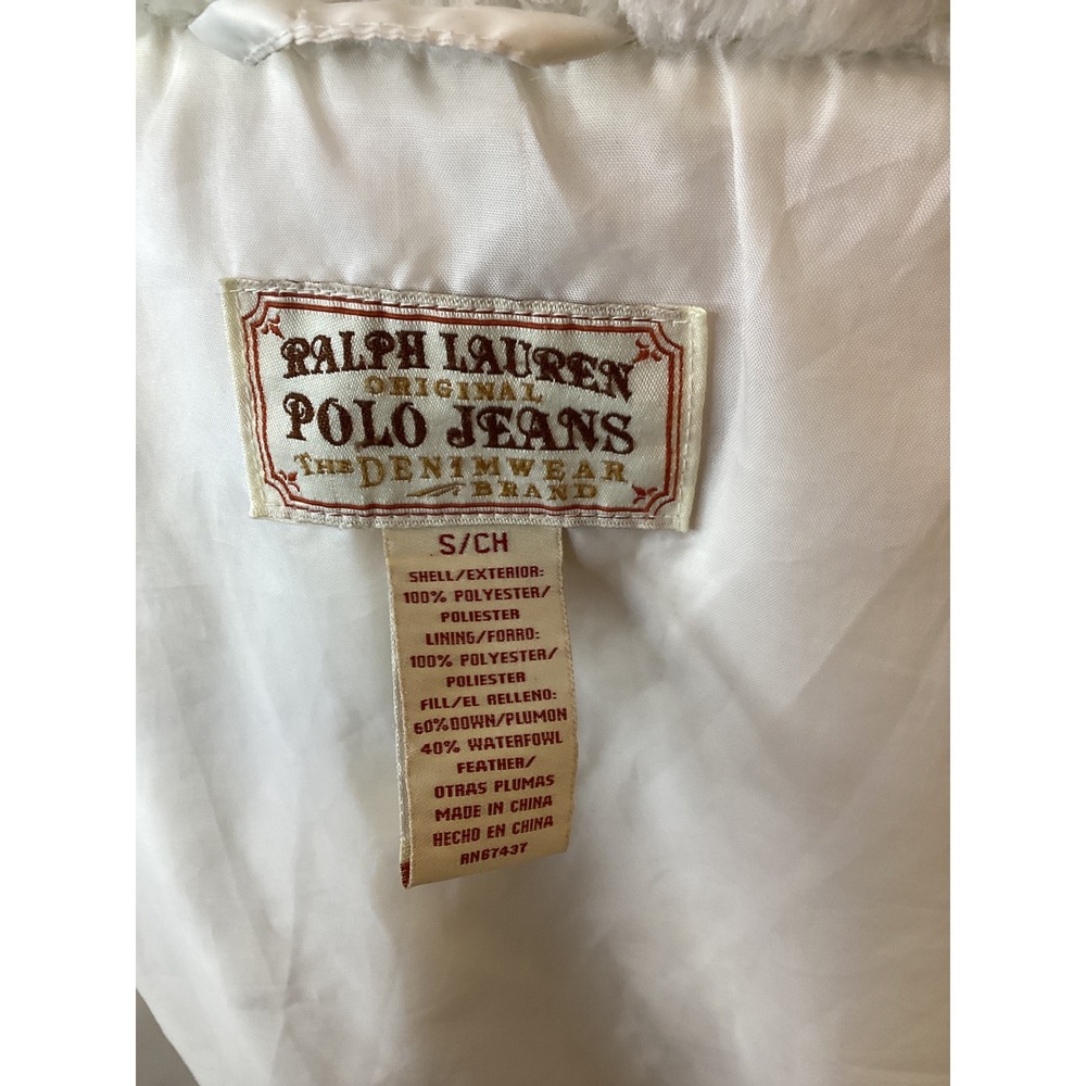 Polo Jeans Co Down Puffer Jacket Women Medium White Good Faux Fur Hood Bomber - Picture 9 of 9